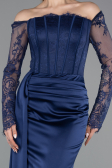 Robe Queue de Poisson Longue Satin Bleu Marine ABU5949