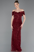 Robe de Soirée Longue Perlé Rouge Bordeaux ABU5400