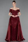 Robe de Soirée Longue Perlé Rouge Bordeaux ABU5400