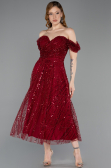 Robe De Soirée Midi Perlé Rouge Bordeaux ABK2594