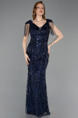 Robe de Soirée Longue Perlé Bleu Marine ABU5959