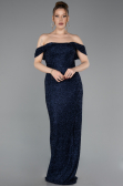 Robe de Soirée Longue Perlé Bleu Marine ABU6057