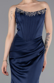 Robe Queue de Poisson Longue Satin Bleu Marine ABU6109