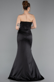 Robe Queue de Poisson Longue Satin Noir ABU6109
