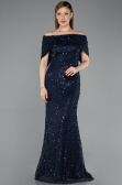 Robe de Soirée Longue Dantelle Bleu Marine ABU6119
