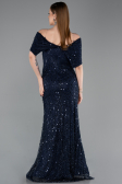 Robe de Soirée Longue Dantelle Bleu Marine ABU6119