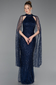 Robe de Soirée Longue Perlé Bleu Marine ABU6154