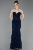 Robe de Soirée Longue Lacé Bleu Marine ABU6159
