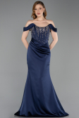 Robe Queue de Poisson Longue Satin Bleu Marine ABU6166
