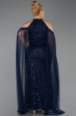 Robe de Soirée Grande Taille Longue Perlé Bleu Marine ABU6118