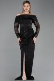 Robe de Soirée Longue Perlé Noir ABU6186