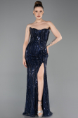 Robe de Soirée Longue Perlé Bleu Marine ABU6205