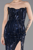Robe de Soirée Longue Perlé Bleu Marine ABU6205