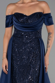 Robe de Soirée Longue Perlé Bleu Marine ABU6329