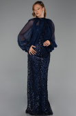 Robe de Soirée Grande Taille Longue Squameuse Bleu Marine ABU6328