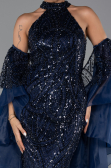 Robe de Soirée Longue Perlé Bleu Marine ABU6348