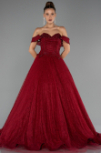 Robe de Soirée Longue Dantelle Rouge Bordeaux ABU6536