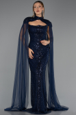 Robe de Soirée Longue Perlé Bleu Marine ABU6544
