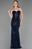 Robe de Soirée Longue Perlé Bleu Marine ABU6564