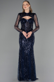 Robe de Soirée Longue Perlé Bleu Marine ABU6564