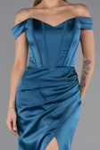 Robe de Soirée Longue Satin Bleu Pétrole ABU6574