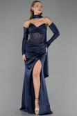 Robe de Soirée Longue Satin Bleu Marine ABU6616
