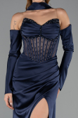 Robe de Soirée Longue Satin Bleu Marine ABU6616