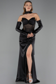 Robe de Soirée Longue Satin Noir ABU6616