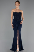 Robe de Soirée Longue Dantelle Bleu Marine ABU6639