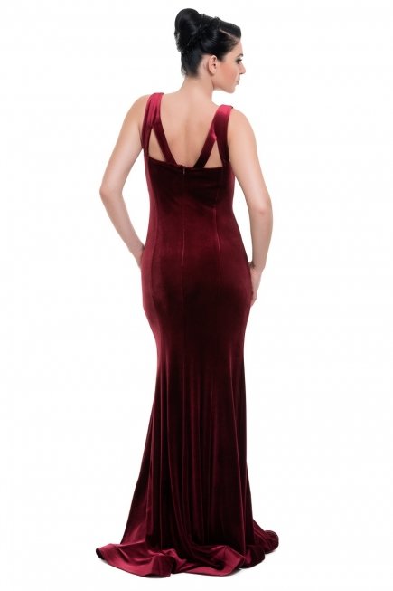 Uzun Bordo Kadife Abiye Elbise C3294