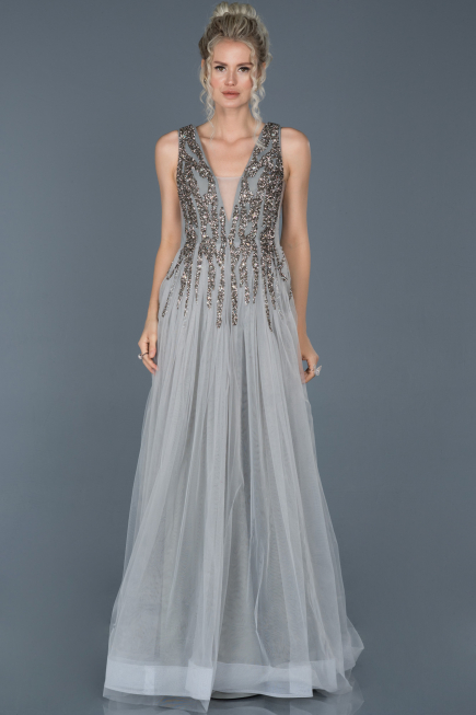 Robe de Soirée Longue Pierreux Gris ABU878