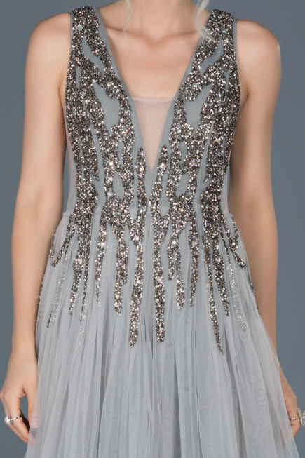 Robe de Soirée Longue Pierreux Gris ABU878
