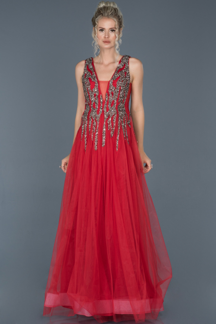 Robe de Soirée Longue Pierreux Rouge ABU878