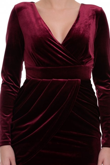 Bordo Kadife Gece Elbisesi GK761