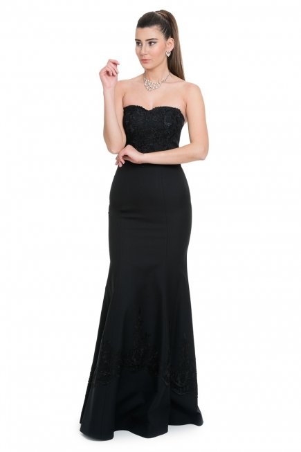 Uzun Siyah Abiye Elbise C7102