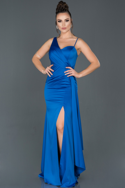 Robe de Soirée Longue Satin Bleu Saxe ABU977