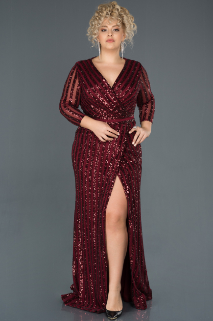 Robe de Soirée en Velours Longue Rouge Bordeaux ABU1043