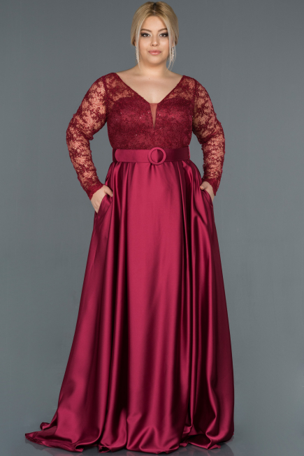 Robe de Soirée Grande Taille Longue Satin Rouge Bordeaux ABU1216