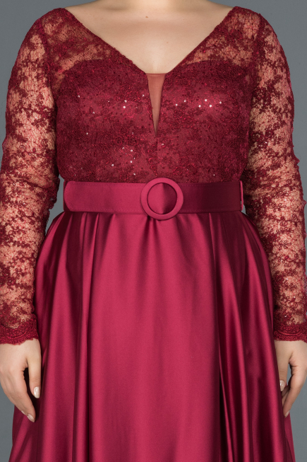 Robe de Soirée Grande Taille Longue Satin Rouge Bordeaux ABU1216