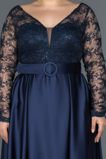 Robe de Soirée Grande Taille Longue Satin Bleu Marine ABU1216
