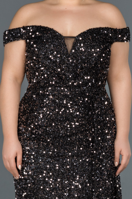 Robe de Soirée Grande Taille Longue Noir-Argent ABU1126