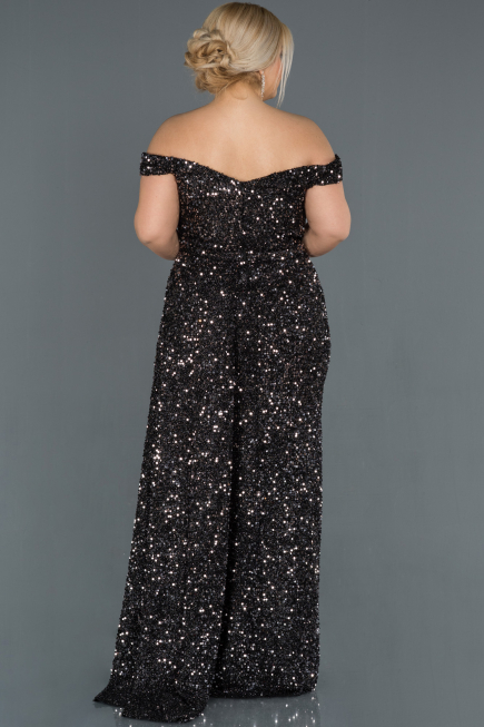 Robe de Soirée Grande Taille Longue Noir-Argent ABU1126