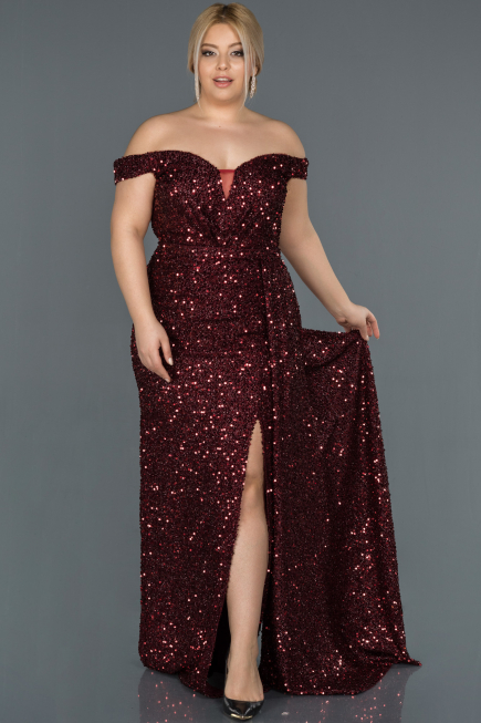 Robe de Soirée Grande Taille Longue Rouge Bordeaux ABU1126
