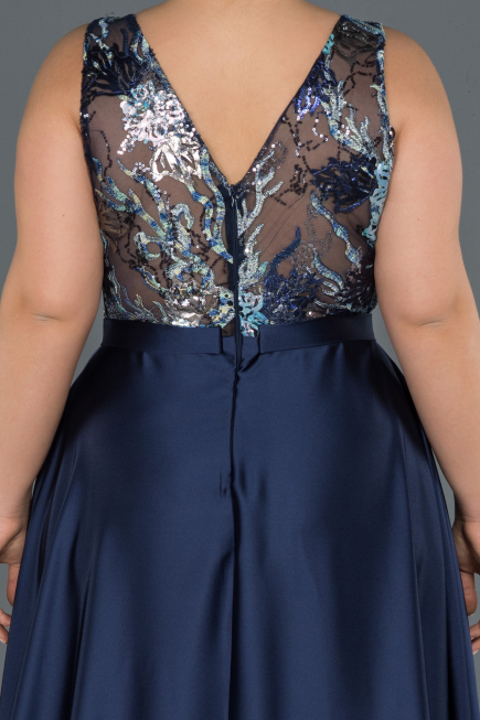Robe de Soirée Grande Taille Longue Satin Bleu Marine ABU1149