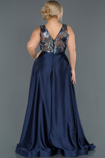 Robe de Soirée Grande Taille Longue Satin Bleu Marine ABU1149