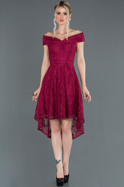 Robe de Soirée Lacé Devant Court Dos Long Prune ABO018