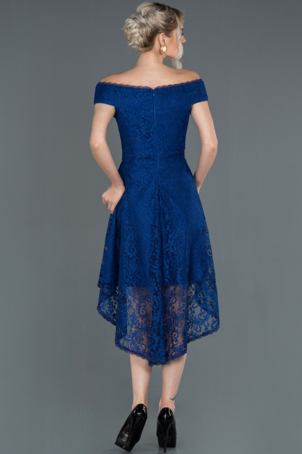 Robe de Soirée Lacé Devant Court Dos Long Bleu Saxe ABO018