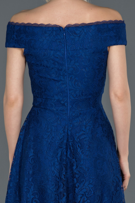 Robe de Soirée Lacé Devant Court Dos Long Bleu Saxe ABO018