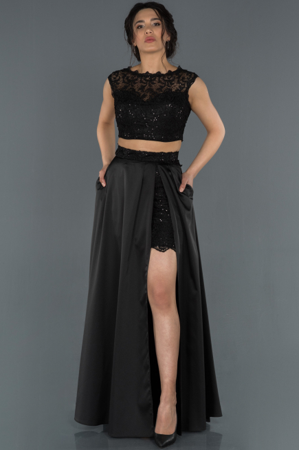 Robe de Soirée Longue Satin Noir ABU1286