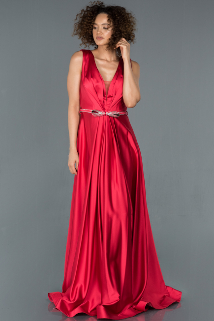 Robe de Soirée Longue Satin Rouge ABU1175